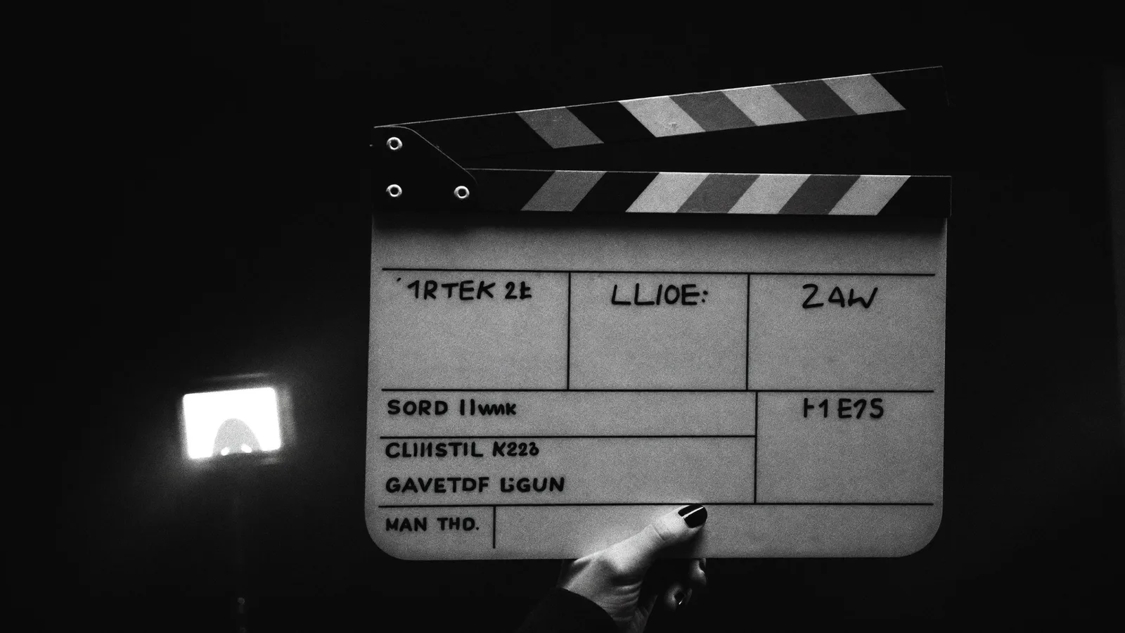 Clap de cinéma tenu devant un plateau sombre, noir et blanc